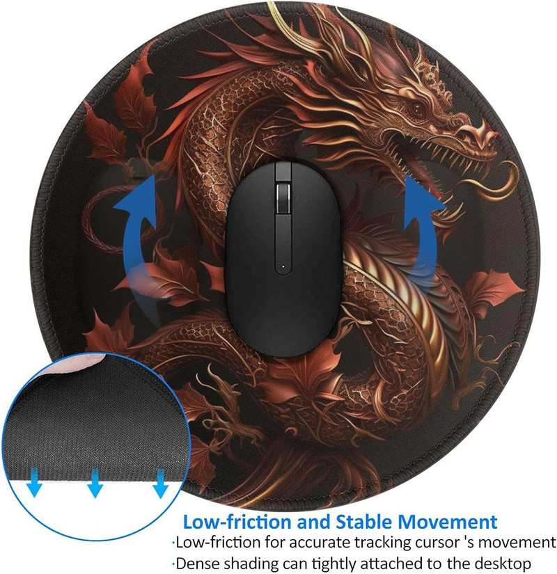 Golden Chinese Dragon Red Art Mouse Pad Неплъзгаща се гумена кръгла подложка за мишка Подложка за игри Офис Работа Компютър Лаптоп Подаръци за дома