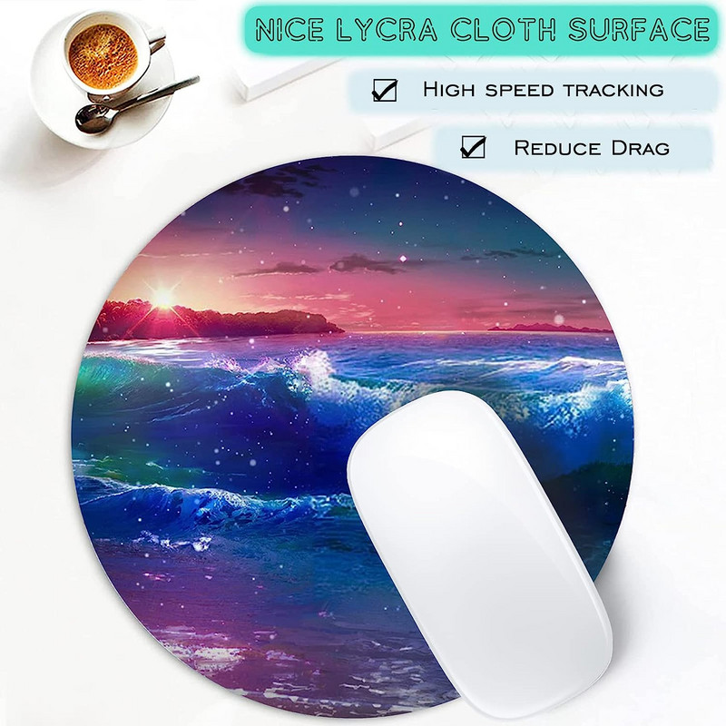 Apļveida pludmales peles paliktnis Sunset Over Sea Peles paklājiņš Ūdensizturīgs, apaļš peles paliktnis, neslīdošs gumijas pamatnes peles paliktņi biroja klēpjdatoram