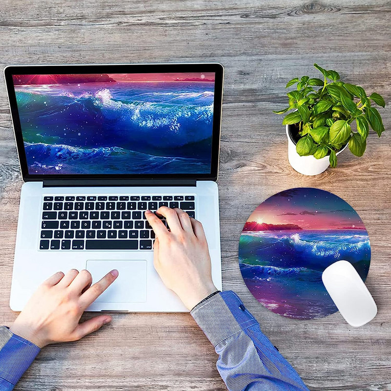 Apļveida pludmales peles paliktnis Sunset Over Sea Peles paklājiņš Ūdensizturīgs, apaļš peles paliktnis, neslīdošs gumijas pamatnes peles paliktņi biroja klēpjdatoram