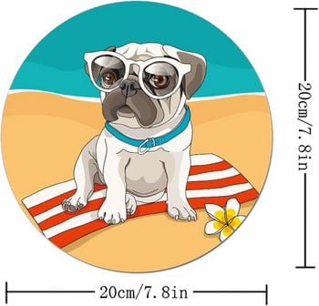 Puppy Pug on Beach Mouse Mat με αντιολισθητική λαστιχένια βάση Χαριτωμένο στρογγυλό mousepad για φορητό υπολογιστή Αξεσουάρ γραφείου γραφείου 7,8x7,8 in