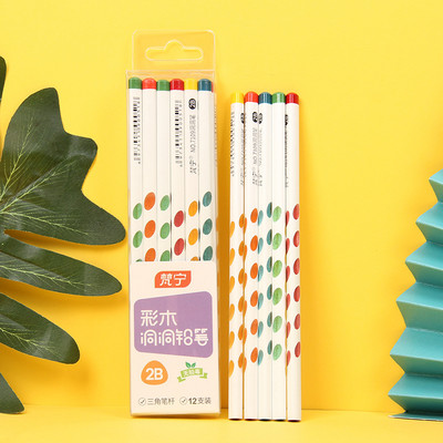 Цветни дървени моливи с дупки 12 бр. Кутия HB/2B Триъгълен лост В кутия Правилен захват Детска живопис Скициране Детски ученически пособия