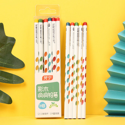 Цветни дървени моливи с дупки 12 бр. Кутия HB/2B Триъгълен лост В кутия Правилен захват Детска живопис Скициране Детски ученически пособия