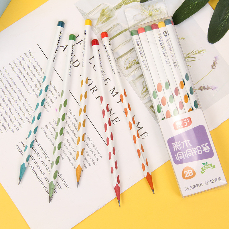 Цветни дървени моливи с дупки 12 бр. Кутия HB/2B Триъгълен лост В кутия Правилен захват Детска живопис Скициране Детски ученически пособия