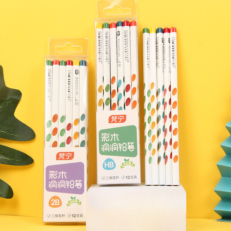 Цветни дървени моливи с дупки 12 бр. Кутия HB/2B Триъгълен лост В кутия Правилен захват Детска живопис Скициране Детски ученически пособия