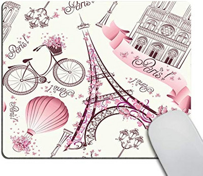 Love Pink Paris Vintage Floral Eiffel Mouse Pad Vintage Romantic Paris Floral Bike Painting Print Art Подложки за мишка 9,5 X 7,9 инча