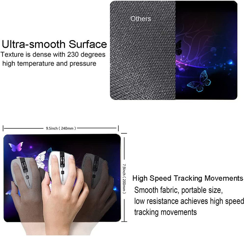 Tampă de mouse cu fluture mov Covoraș de mouse drăguț, rezistent la apă, cu bază de cauciuc anti-alunecare, tampă de mouse pentru computer, pentru femei, birou, laptop, birou, decor