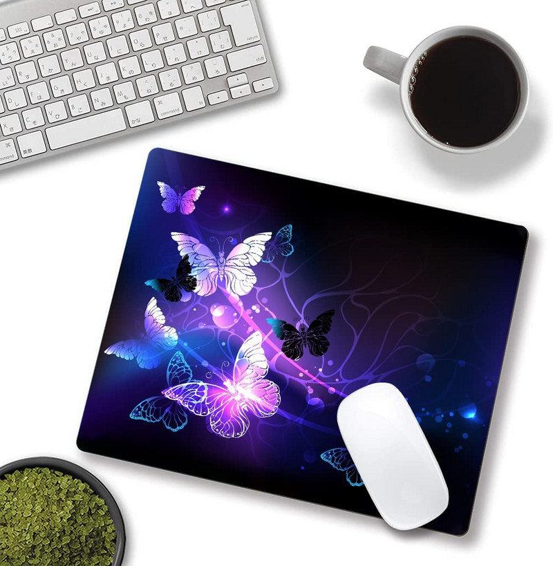 Tampă de mouse cu fluture mov Covoraș de mouse drăguț, rezistent la apă, cu bază de cauciuc anti-alunecare, tampă de mouse pentru computer, pentru femei, birou, laptop, birou, decor
