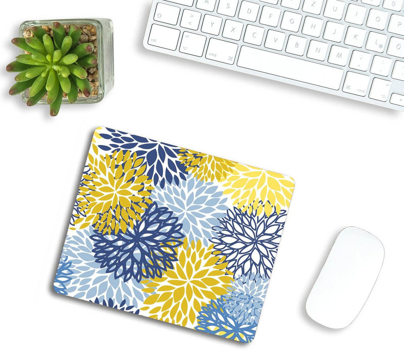 Зелено пролетно цвете, синьо, жълто и тъмносиня, хризантема, кафява подложка за мишка Подложки за мишка с дизайн Неплъзгащи се гумени подложки за мишка