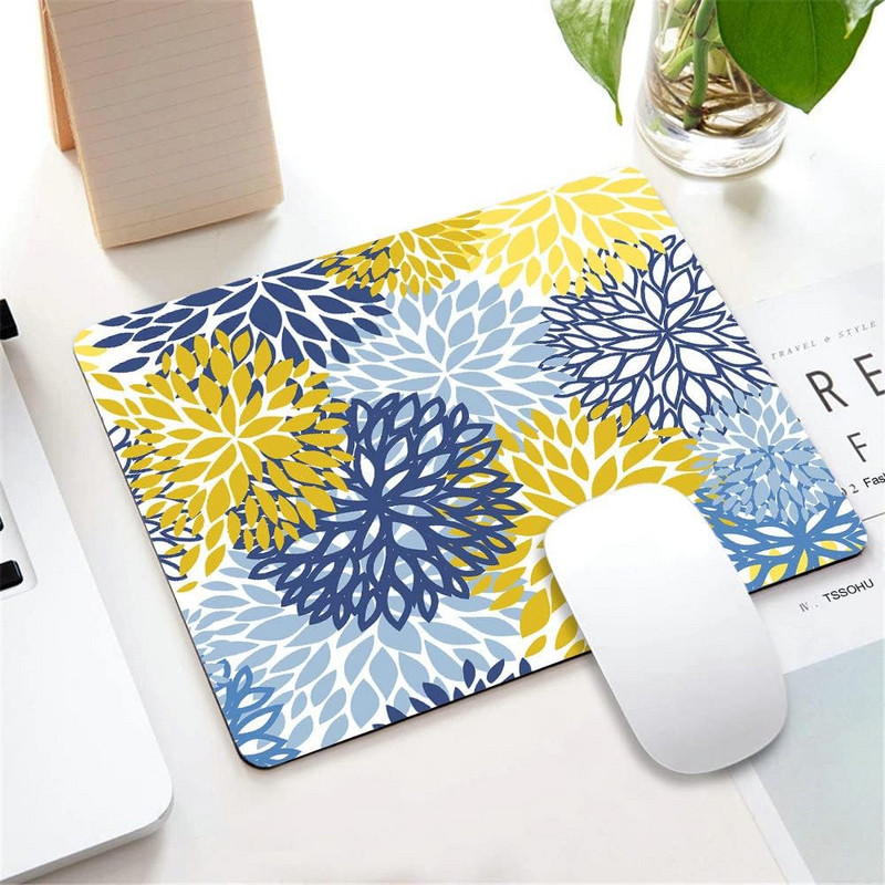 Зелено пролетно цвете, синьо, жълто и тъмносиня, хризантема, кафява подложка за мишка Подложки за мишка с дизайн Неплъзгащи се гумени подложки за мишка