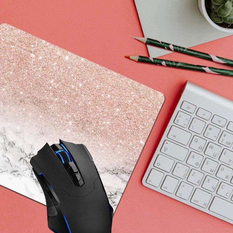 Подложка за мишка, Розово-розов блясък Омбре Бял мрамор Подложки за компютърна мишка Аксесоари за бюро Неплъзгаща се гумена основа, Подложка за мишка