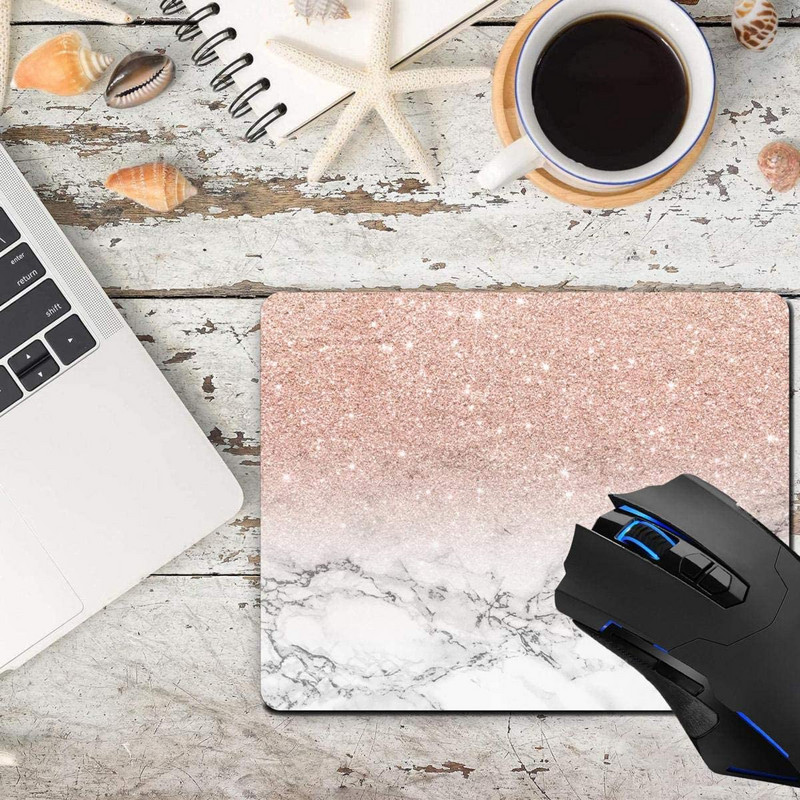 Подложка за мишка, Розово-розов блясък Омбре Бял мрамор Подложки за компютърна мишка Аксесоари за бюро Неплъзгаща се гумена основа, Подложка за мишка