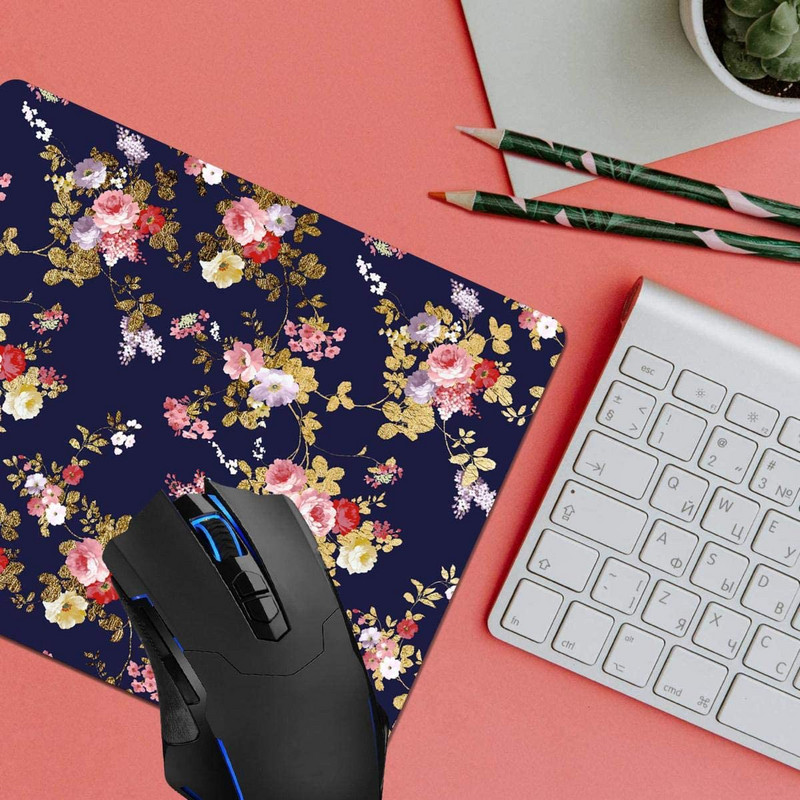 Подложка за мишка Тъмносиньо Розово Златно Boho Floral Компютърни подложки за мишка Аксесоари за бюро Неплъзгаща се гумена основа Подложка за мишка за мишка за лаптоп