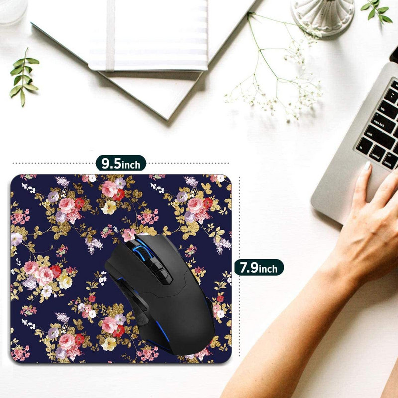 Подложка за мишка Тъмносиньо Розово Златно Boho Floral Компютърни подложки за мишка Аксесоари за бюро Неплъзгаща се гумена основа Подложка за мишка за мишка за лаптоп