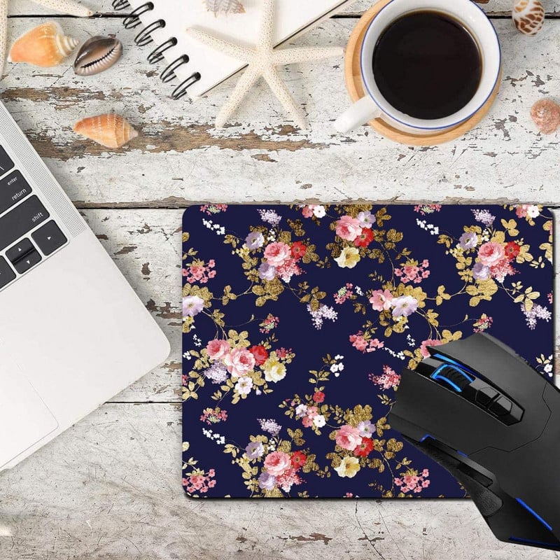 Подложка за мишка Тъмносиньо Розово Златно Boho Floral Компютърни подложки за мишка Аксесоари за бюро Неплъзгаща се гумена основа Подложка за мишка за мишка за лаптоп