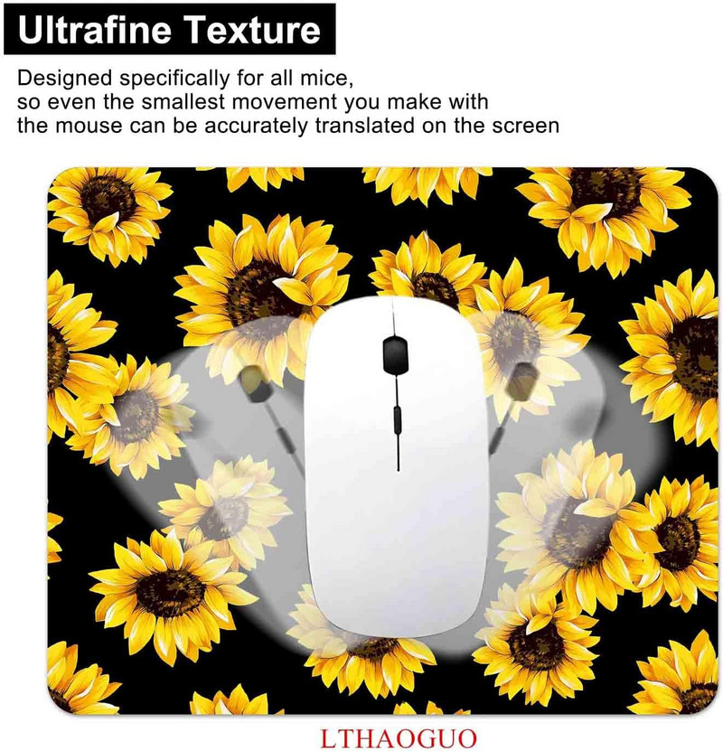 Слънчогледи с черна подложка за мишка с водоустойчива неплъзгаща се гумена основа за работен компютър, лаптоп, офис 9,5" X 7,9" инча