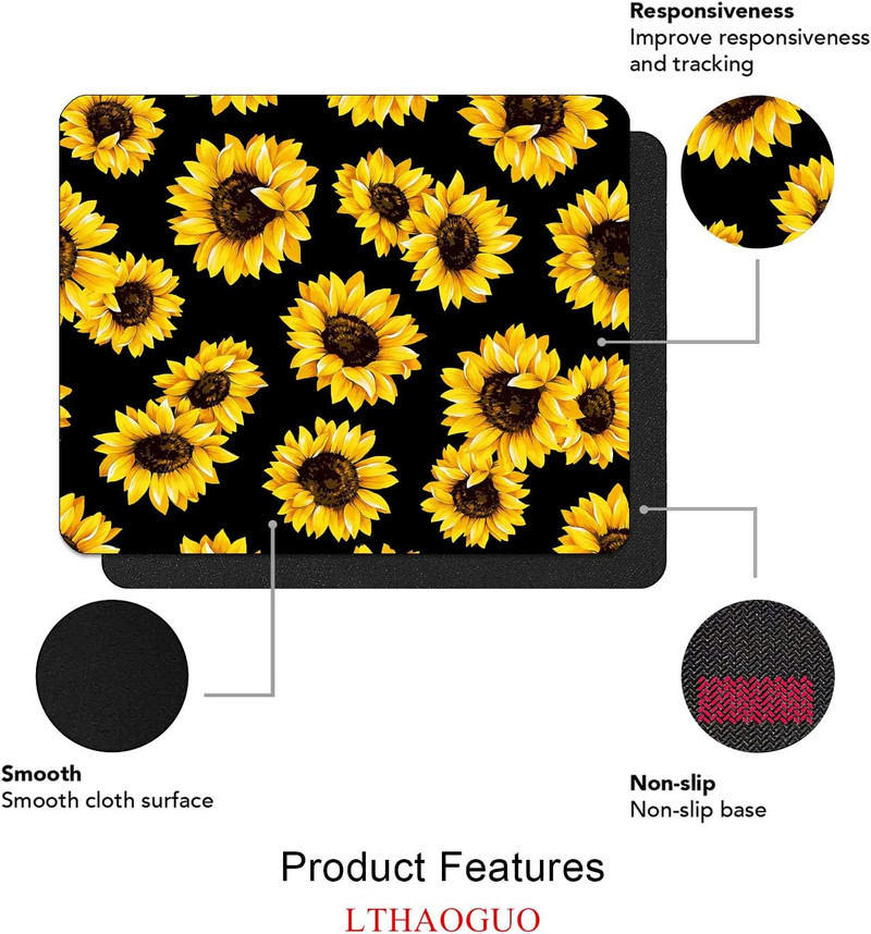 Слънчогледи с черна подложка за мишка с водоустойчива неплъзгаща се гумена основа за работен компютър, лаптоп, офис 9,5" X 7,9" инча