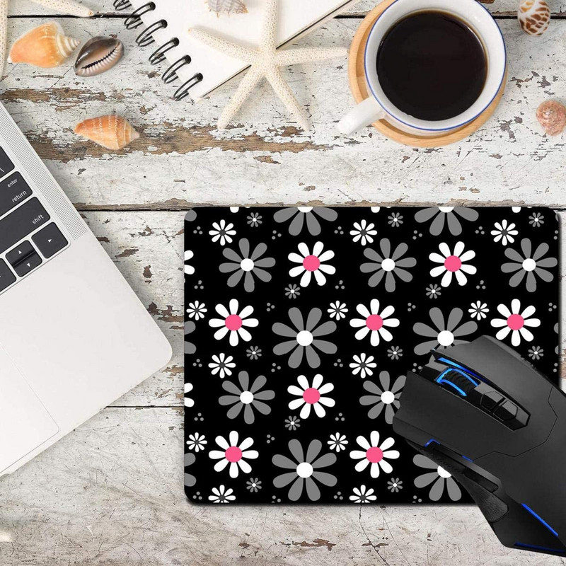 Mouse Pad, Cute Pink and Black Girly Mod Daisies Computer Mouse Pads Αξεσουάρ γραφείου Αντιολισθητική βάση από καουτσούκ, mousepad