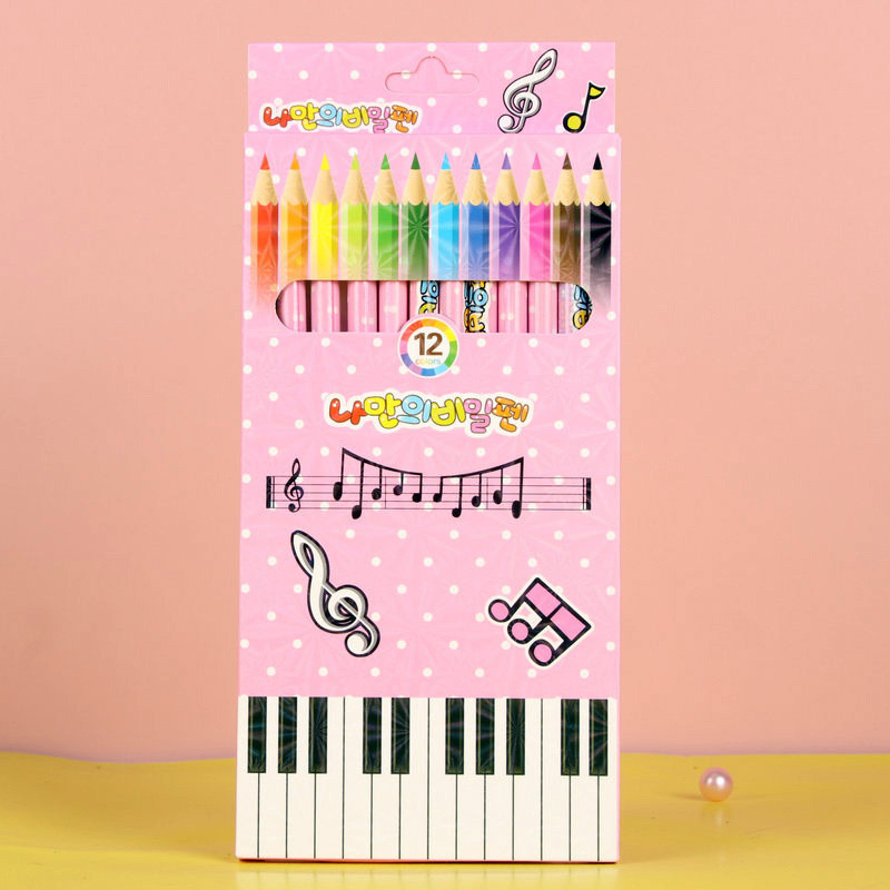 12 olovaka u boji Note za klavir Puderasto plava kutija Pakiranje Učenici osnovnih škola Skica Pisanje stripova Olovka za bojanje Likovni pribor