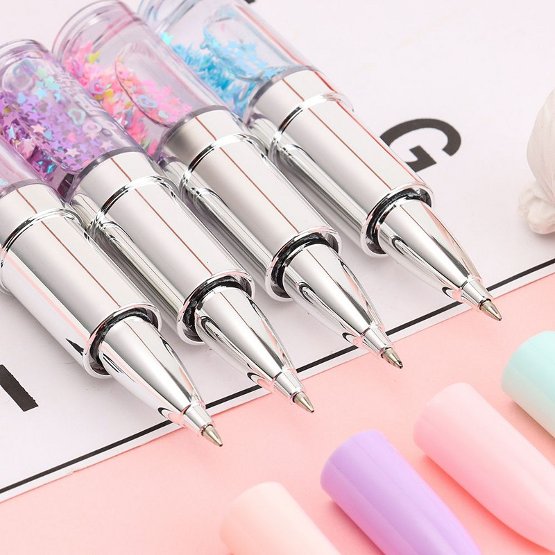 Творческа писалка с черно мастило, форма на червило, 0,5 мм, блясък, гел писалка, плаващи пясъци, подпис, писалка, инструмент за писане, канцеларски материали, училищни офис консумативи
