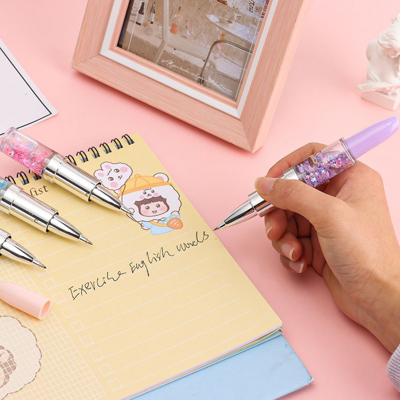 Творческа писалка с черно мастило, форма на червило, 0,5 мм, блясък, гел писалка, плаващи пясъци, подпис, писалка, инструмент за писане, канцеларски материали, училищни офис консумативи