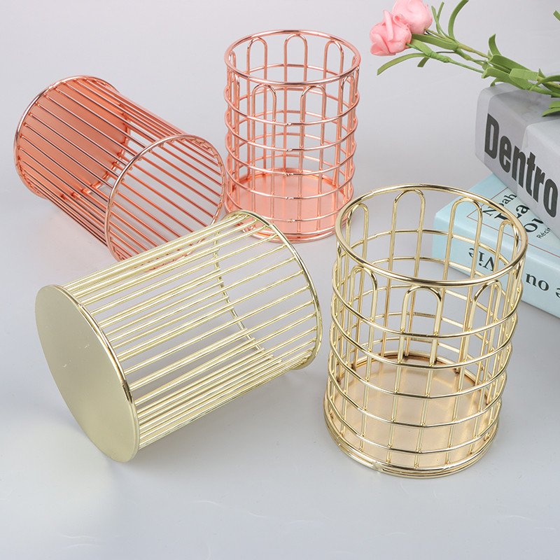 Държач за писалка Настолен офис Училищен калъф за съхранение Метално злато Кутия от розово злато Бюро Химикалка Молив Органайзер Домашен декор Съхранение на грим