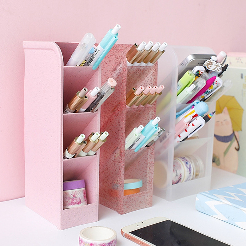 Мода 4 решетки Държач за молив Химикалка Блестящ цвят Многофункционален органайзер за бюро Козметика Кутия за съхранение на грим Офис канцеларски материали