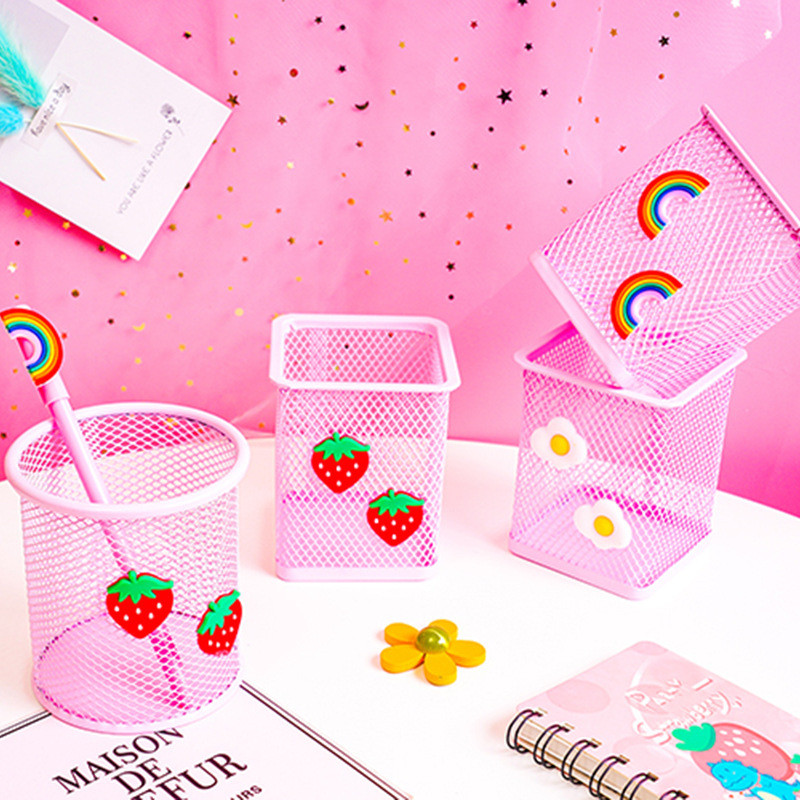 1 tk Roosa metallist pliiatsihoidja Kontori korraldaja Kosmeetiline ruudukujuline pliiatsihoidja alused kirjatarvete konteiner Kontoritarbed