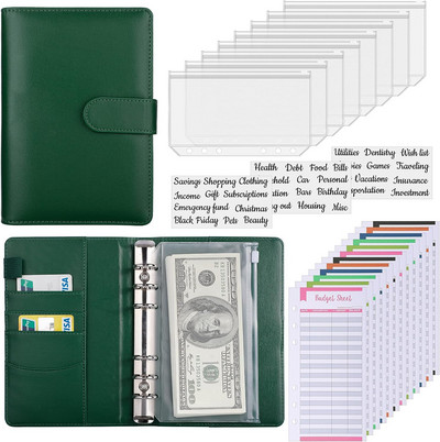 Green Budget binder with zippered envelope, A6 savings binder, budget cash envelope, cash note organizer, savings budget plan