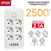 EU Plug Multiprise Power Strip Удължителен кабел 6 AC контакта Електрически контакт Мрежов филтър с 4 USB C PD Бързо интелигентно зареждане