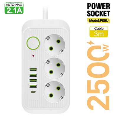 EU Plug Multiprise Power Strip Удължителен кабел 6 AC контакта Електрически контакт Мрежов филтър с 4 USB C PD Бързо интелигентно зареждане
