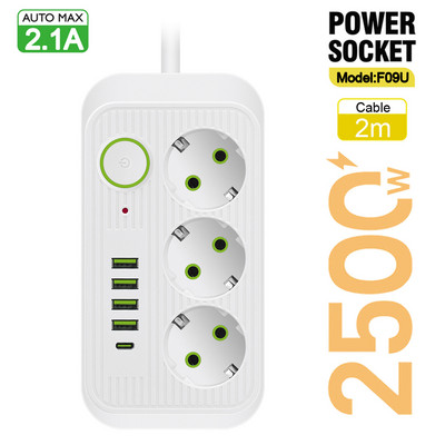 EU Plug Multiprise Power Strip Удължителен кабел 6 AC контакта Електрически контакт Мрежов филтър с 4 USB C PD Бързо интелигентно зареждане