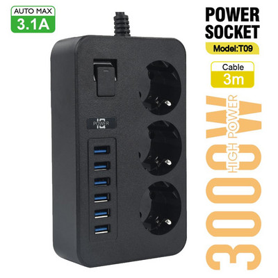 EU Plug Multiprise Power Strip Удължителен кабел 6 AC контакта Електрически контакт Мрежов филтър с 4 USB C PD Бързо интелигентно зареждане