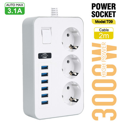 EU Plug Multiprise Power Strip Удължителен кабел 6 AC контакта Електрически контакт Мрежов филтър с 4 USB C PD Бързо интелигентно зареждане