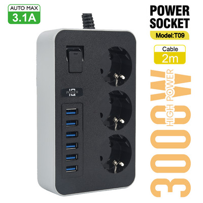 EU Plug Multiprise Power Strip Удължителен кабел 6 AC контакта Електрически контакт Мрежов филтър с 4 USB C PD Бързо интелигентно зареждане