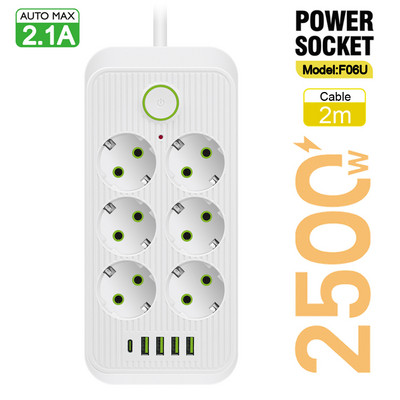 EU Plug Multiprise Power Strip Удължителен кабел 6 AC контакта Електрически контакт Мрежов филтър с 4 USB C PD Бързо интелигентно зареждане