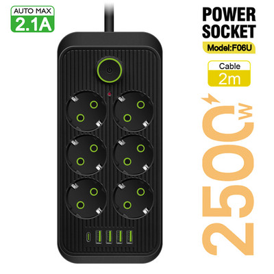 EU Plug Multiprise Power Strip Удължителен кабел 6 AC контакта Електрически контакт Мрежов филтър с 4 USB C PD Бързо интелигентно зареждане
