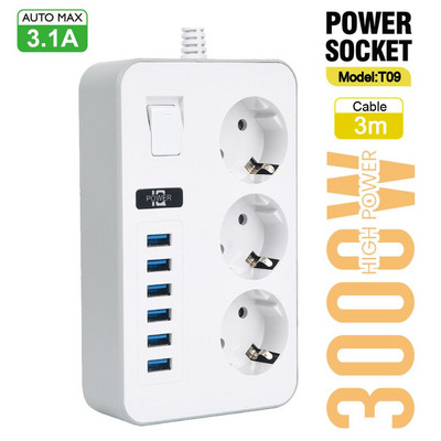 EU Plug Multiprise Power Strip Удължителен кабел 6 AC контакта Електрически контакт Мрежов филтър с 4 USB C PD Бързо интелигентно зареждане