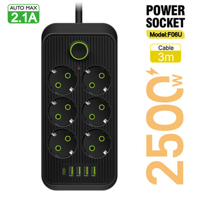EU Plug Multiprise Power Strip Удължителен кабел 6 AC контакта Електрически контакт Мрежов филтър с 4 USB C PD Бързо интелигентно зареждане