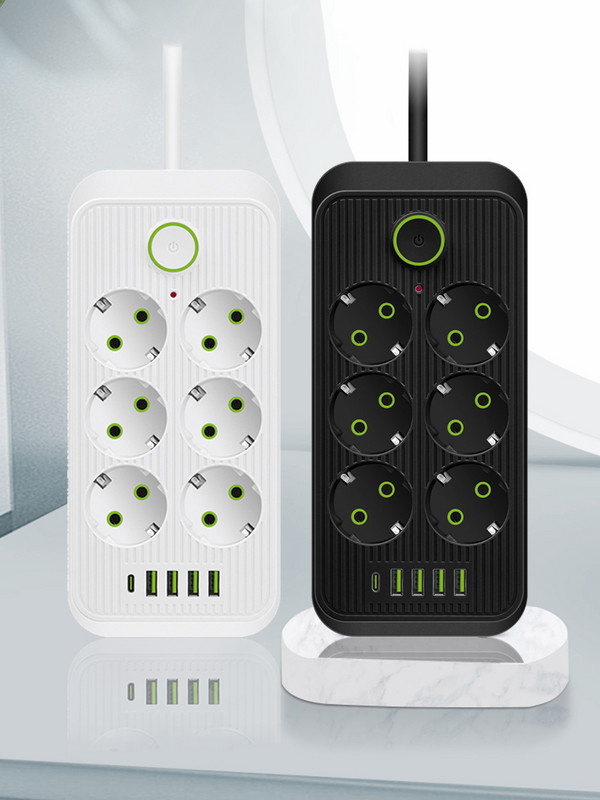EU Plug Multiprise Power Strip Удължителен кабел 6 AC контакта Електрически контакт Мрежов филтър с 4 USB C PD Бързо интелигентно зареждане