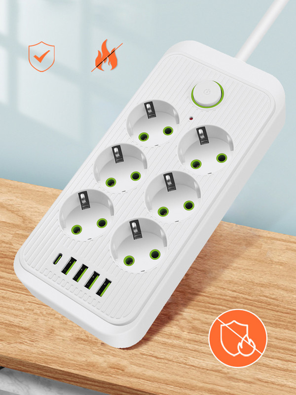 EU Plug Multiprise Power Strip Удължителен кабел 6 AC контакта Електрически контакт Мрежов филтър с 4 USB C PD Бързо интелигентно зареждане