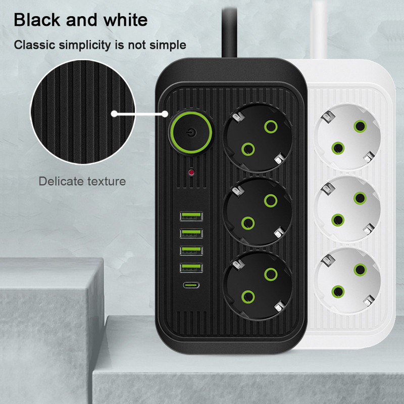 EU Plug Multiprise Power Strip Удължителен кабел 6 AC контакта Електрически контакт Мрежов филтър с 4 USB C PD Бързо интелигентно зареждане