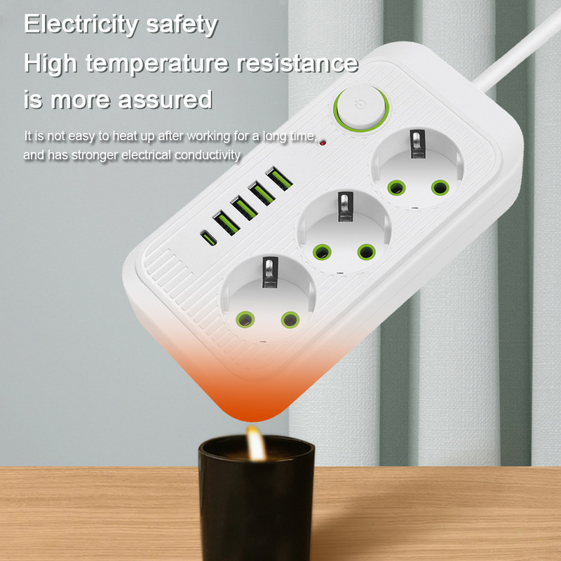 EU Plug Multiprise Power Strip Удължителен кабел 6 AC контакта Електрически контакт Мрежов филтър с 4 USB C PD Бързо интелигентно зареждане