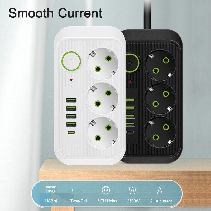 EU Plug Multiprise Power Strip Удължителен кабел 6 AC контакта Електрически контакт Мрежов филтър с 4 USB C PD Бързо интелигентно зареждане
