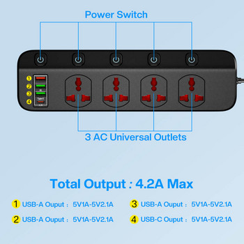 Πολύπριζο φίλτρου δικτύου 2500W με 4 Universal Socket Multiple USB και 5 Swich, Καλώδιο επέκτασης πρίζας EU US UK για το σπίτι