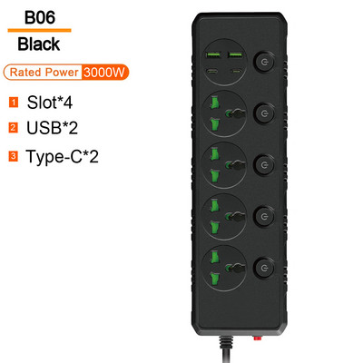 Универсален изход Захранващ разклонител Multiprise Разширение за интелигентен дом Електрически контакт с кабел USB AC Отделно управление Адаптер за зарядно устройство