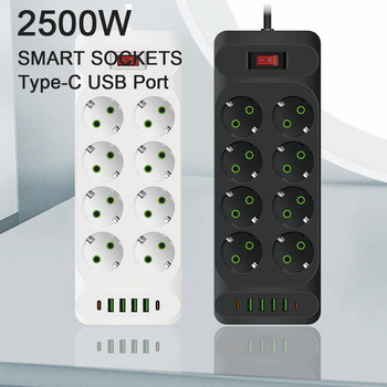 EU Plug AC Outlet Multitap Power Strip 2m Удължителен кабел Електрически контакт Интелигентен USB домашен офис Защита от пренапрежение Мрежов филтър