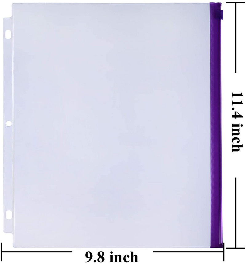 6 опаковки Джобове за класьори Размер на писма 3 дупки Торбички за класьори, PVC папки с цип, Подреждане на документи на свободни листа за класьор с 3 пръстена