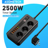 2500 W taimera ligzda Smart Power Strip Elektriskās kontaktligzdas pagarinājums ar slēdzi Mājas pārsprieguma aizsargs EU spraudnis 3 maiņstrāvas izeja 5 USB 2M