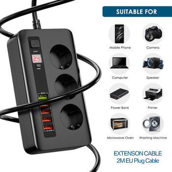 Πρίζα χρονοδιακόπτη 2500W Έξυπνο πολύπριζο Επέκταση ηλεκτρικής πρίζας με διακόπτη Home Surge Protector EU Plug 3 AC Outlet 5 USB 2M