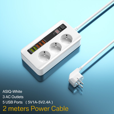 2500 W taimera ligzda Smart Power Strip Elektriskās kontaktligzdas pagarinājums ar slēdzi Mājas pārsprieguma aizsargs EU spraudnis 3 maiņstrāvas izeja 5 USB 2M